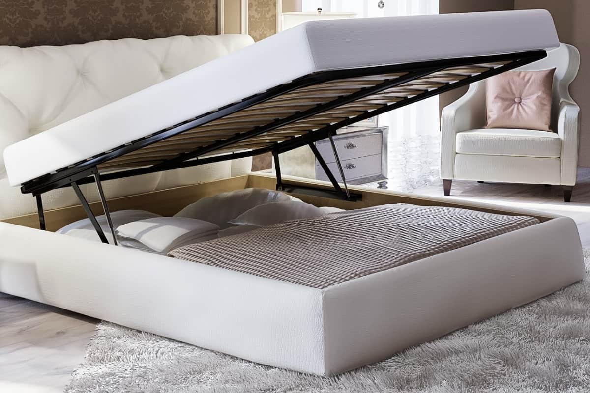 Фото подъемного механизма и ящика для вещей и постельного белья двуспальной кровати Тесей