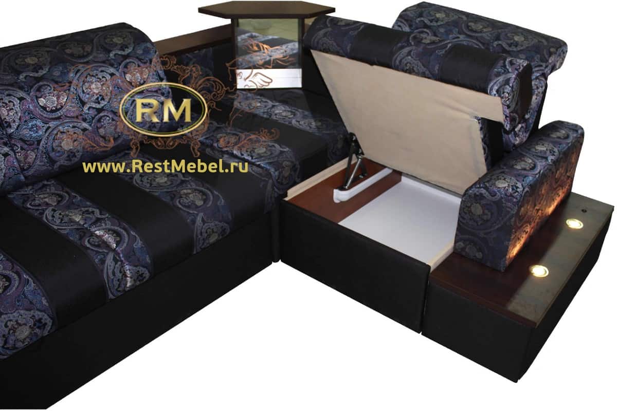 Угловой диван со спальным местом Олимп с баром и подсветкой, фото бельевого ящика