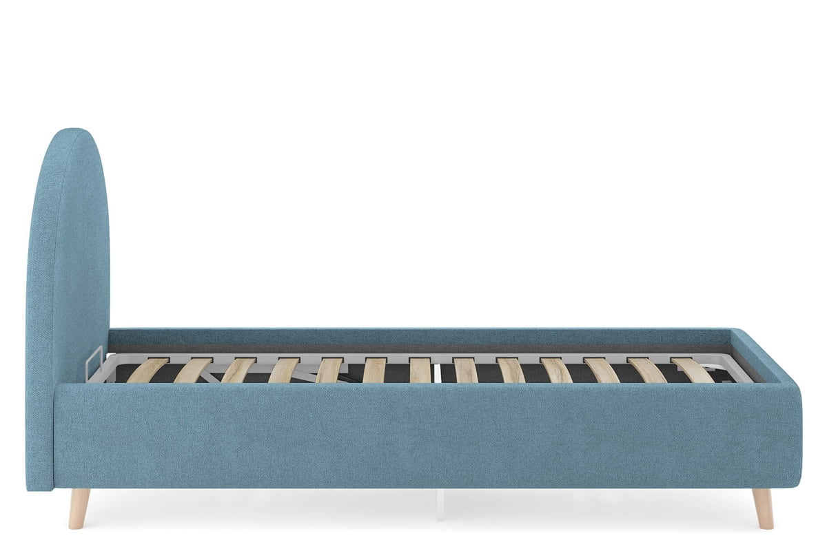 Металлическое основание с березовыми ламелями детской кровати Рокси в синем велюре