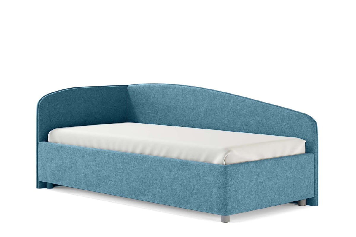 Недорогая детская кровать с ящиком для белья Паола в синем велюре