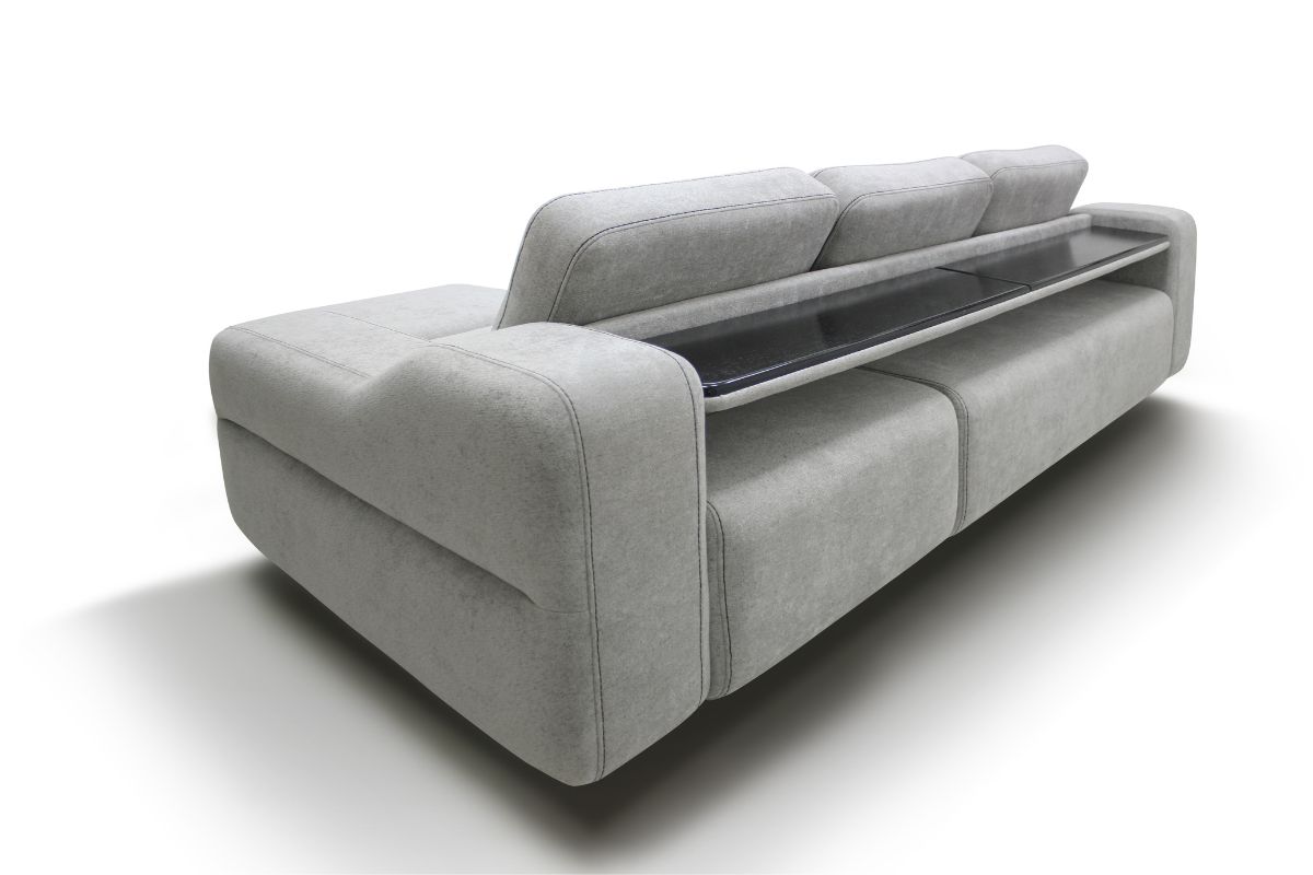 Фото спинки с полкой дизайнерского углового дивана Марко с широкими подлокотниками