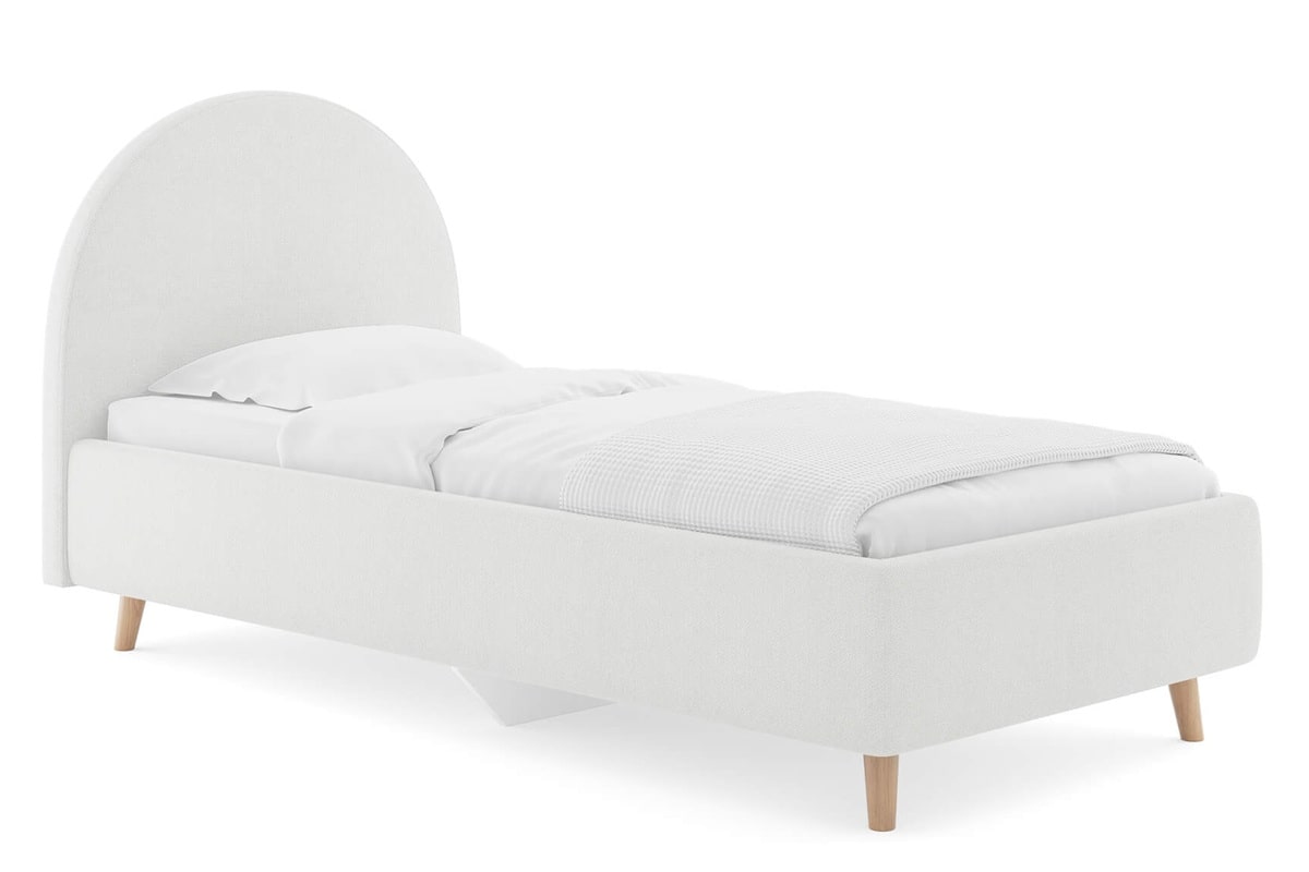 Белая детская кровать на ножках с высоким изголовьем для интерьеров в стиле минимализм