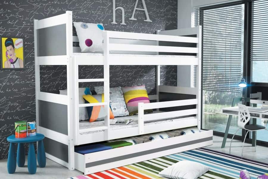 Двухъярусная деревянная детская кровать Скай с серыми вставками и большим бельевым ящиком из массива дерева