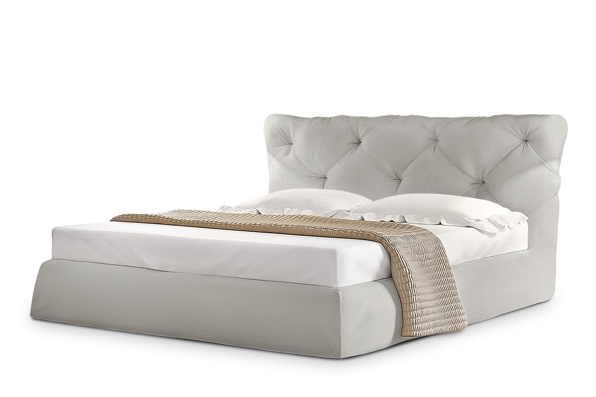 Фото светло-серой кровати Тесей с мягкой спинкой и подъемным механизмом с бельевым ящиком