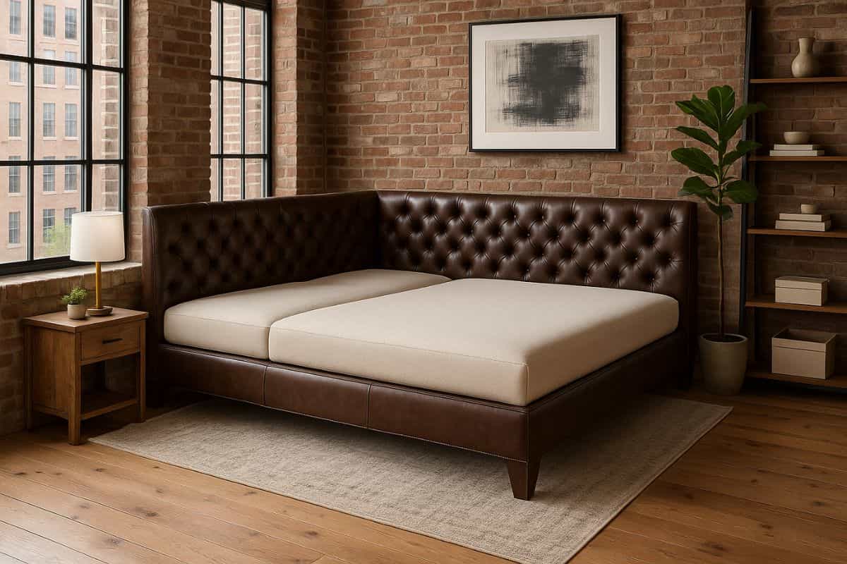 Коричневая угловая кожаная кровать Макена с каретной стежкой на мягком изголовье и высокими ножками