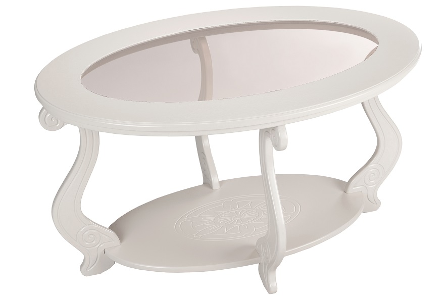 Овальный журнальный стол Виват Вайт со стеклом декор молочный дуб
