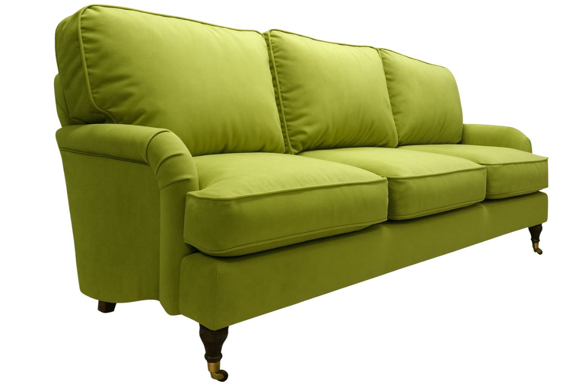 Мякий диван Тироль на высоких деревянных фигурных ножках с колёсиками и мягкими подушками