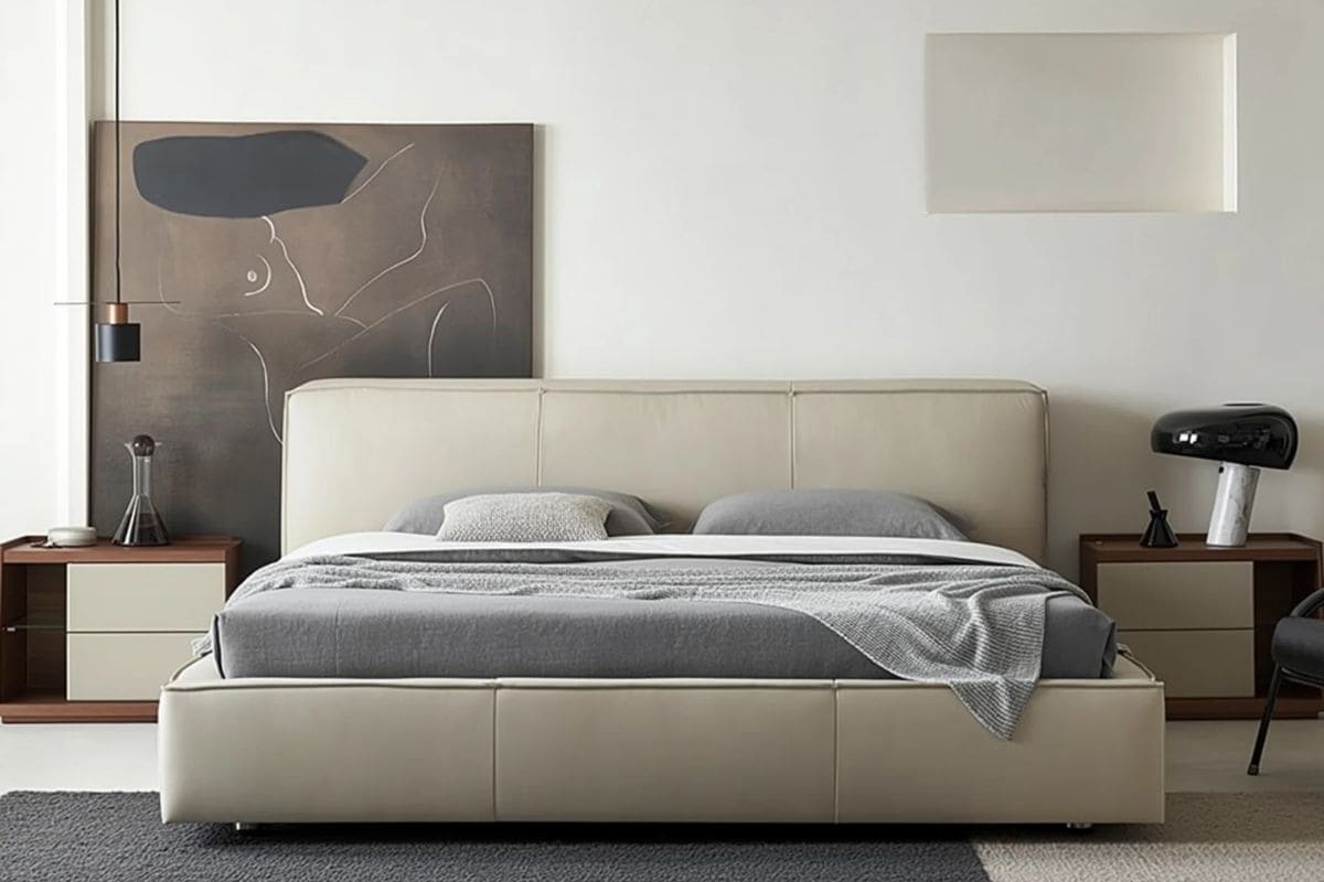 Бежевая кожаная двуспальная кровать Квинс для спальни в современном стиле