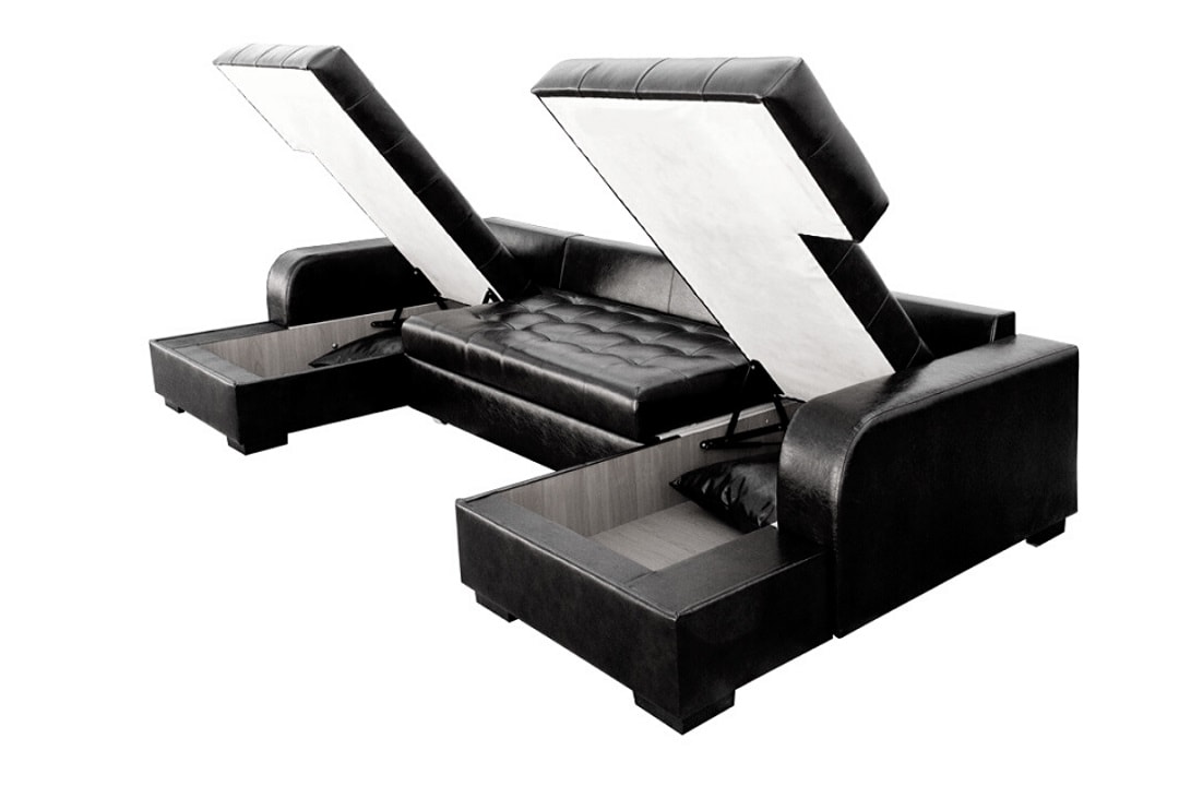 Кожаный диван кровать Бельфор с двумя ящиками для белья