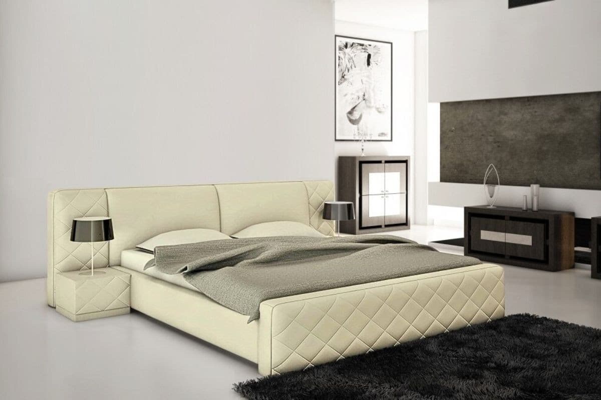 Двуспальная кровать Форто из натуральной кожи бежевого цвета с тумбами пуфами в интерьере спальни