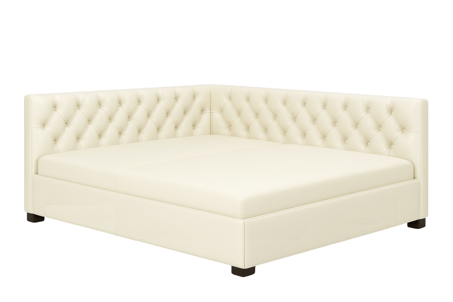 Кожаная угловая кровать Макена в белой натуральной коже с каретной стяжкой на спинках с подъемным механизмом и ящиком на квадратных ножках