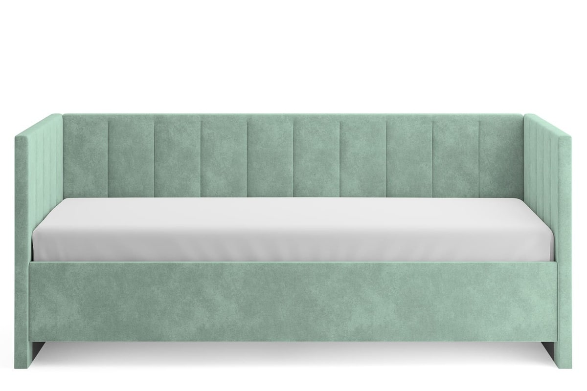Фото детской кровати с тремя высокими спинками Alice в зелёном велюре с матрасом