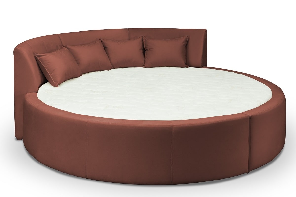 Круглая кровать Индра с матрасом в велюре кораллового цвета