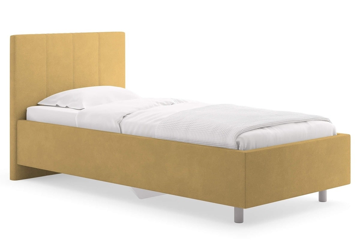 Мягкая кровать Прато с матрасом для подростка в велюре горчичного цвета