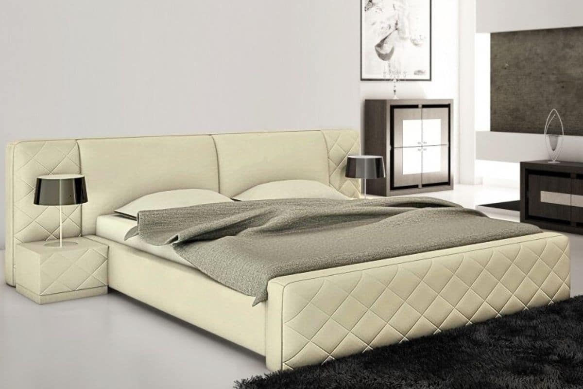 Кожаная кровать Форто с тумбами пуфами бежевого цвета — купить кровать Форто в натуральной коже в RestMebel.ru