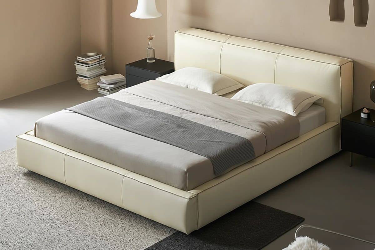 Белая двуспальная кожаная кровать Квинс в интерьере спальной комнаты