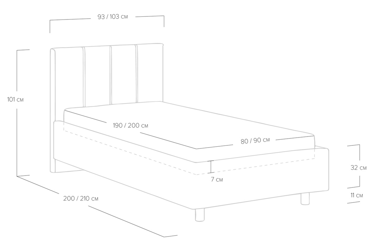 Фото схема размеров односпальной кровати Prato для  подростков