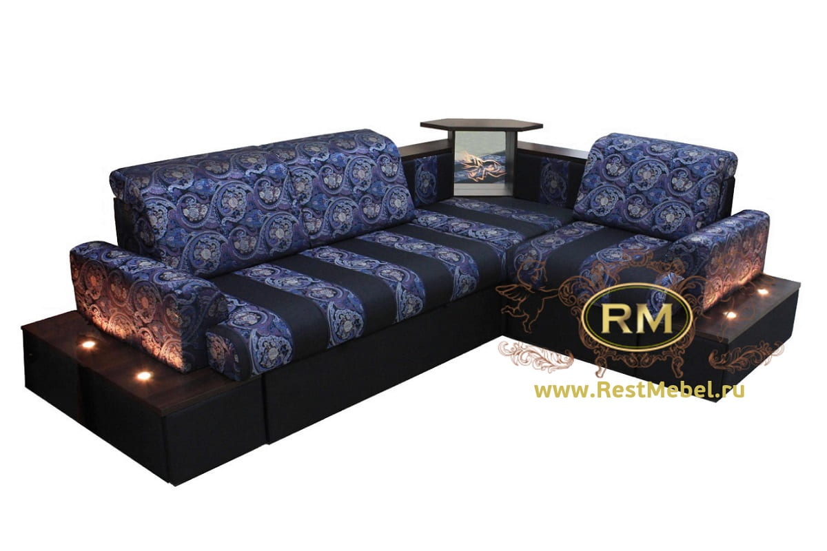 Угловой диван Олимп с баром и подсветкой, фото в жаккарде Жизель правый угол