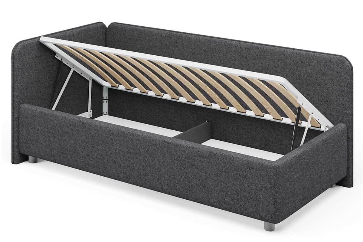 Подъёмный механизм и большой бельевой ящик детской односпальной кровати Капри с мягким изголовьем