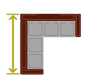 Обозначение глубины кожаного модульного дивана с двумя кресельными секциями по большому углу