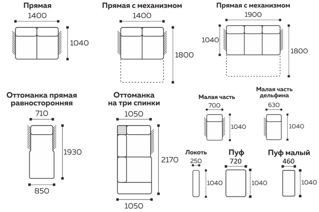 Секции модульного дивана Марсель Размеры секции модульного дивана Марсель