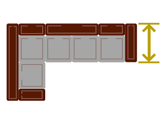 Глубина кожаного углового дивана с кресельной секцией по маленькому подлокотнику