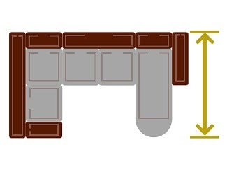 Обозначение глубины модульного кожаного дивана с кресельной секцией и оттоманкой