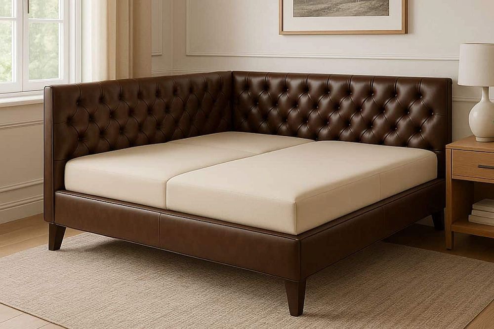 Угловая кожаная кровать Макена двуспальная с каретной стежкой на спинке и боковине — купить в RestMebel